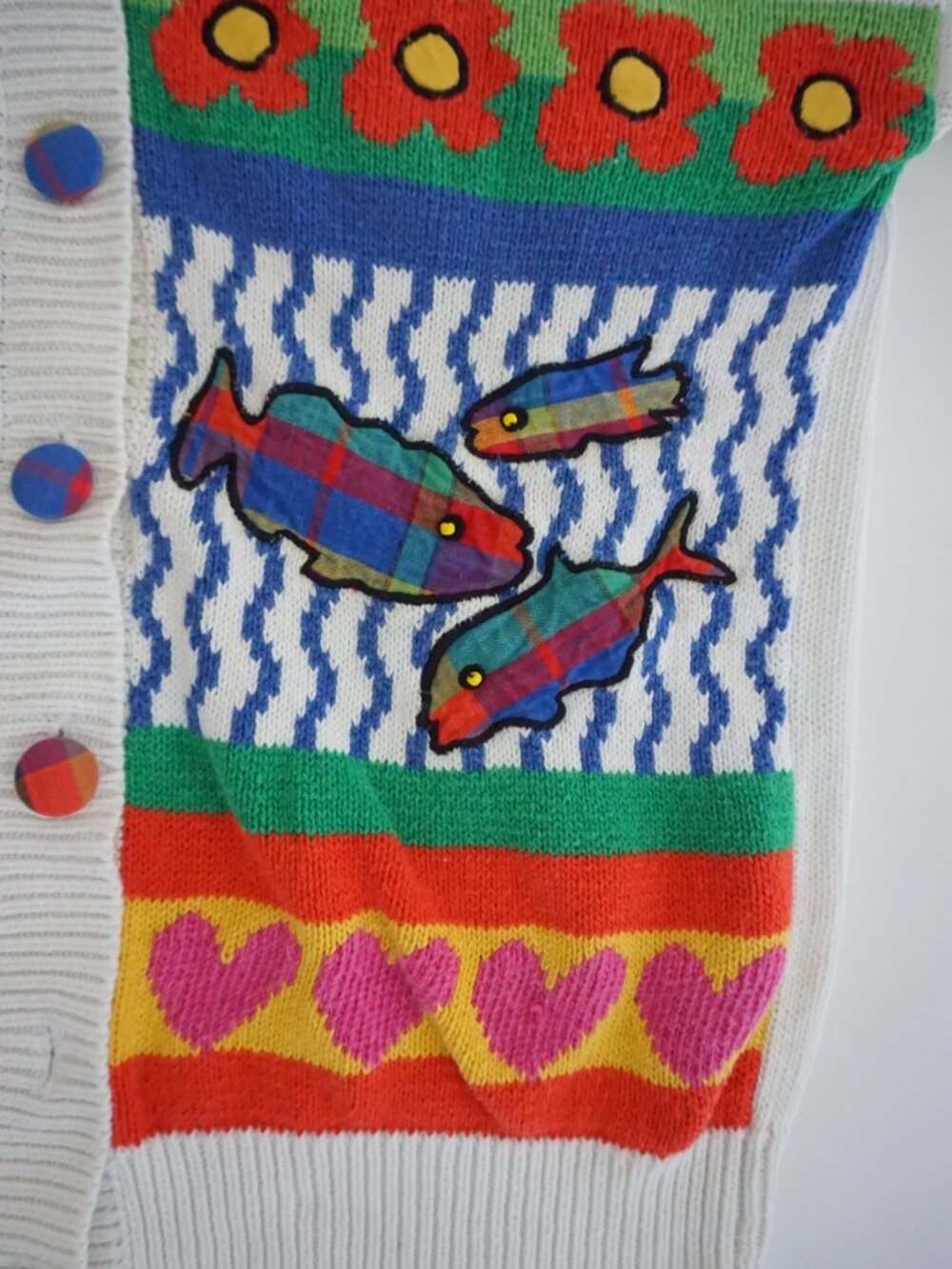 Vintage P Galli White Fishing Lake Cabin Scenic Fish Button Sailor Cardigan L - Picture 6 of 13